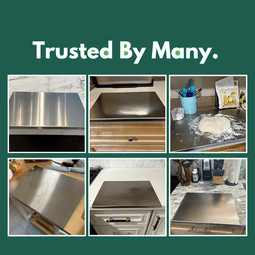 Customer kitchen showing the stainless steel prep board in everyday use