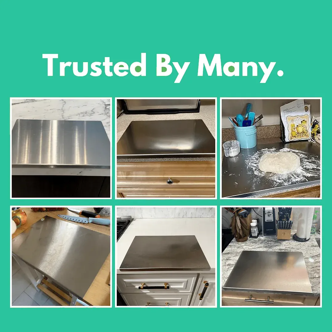 Customer kitchen showing the stainless steel prep board in everyday use