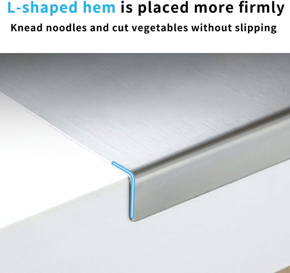 L-shaped stainless steel prep board edge fitted securely over a counter