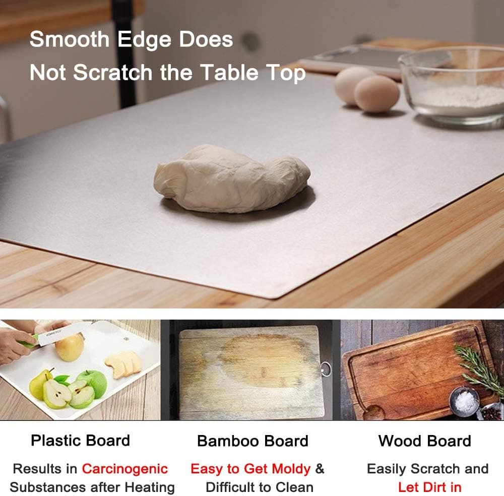 Smooth-edged stainless steel prep board with material comparison