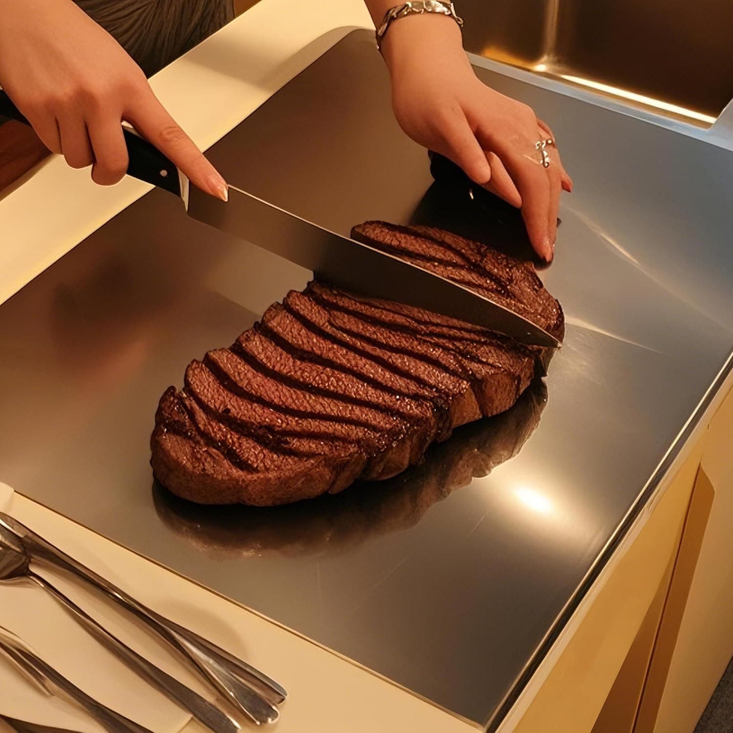 Slicing bread on a stainless steel prep board