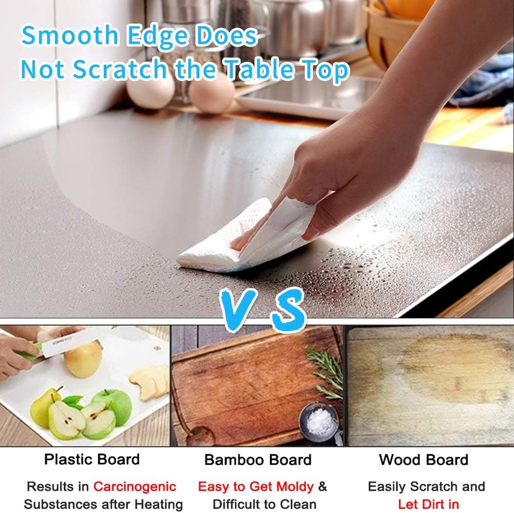 Wiping a stainless steel prep board with material comparison