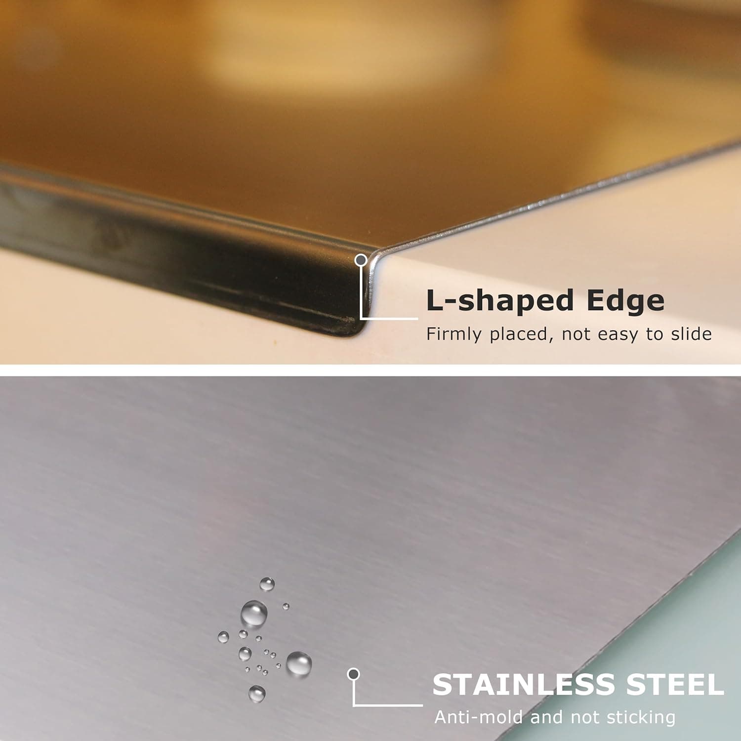 Close-up of the L-shaped edge and stainless steel surface
