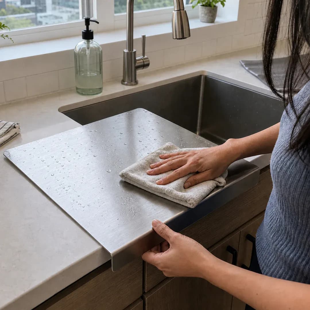 Home cook wiping water from a stainless steel counter-edge prep board beside a sink
